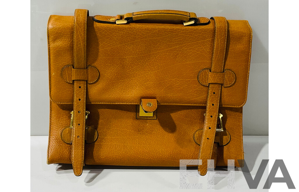 Vintage Gold Pfeil Caracciola Briefcase in Cognac Leather with Brass Hardware & Golden Arrow Logo Made in West Germany