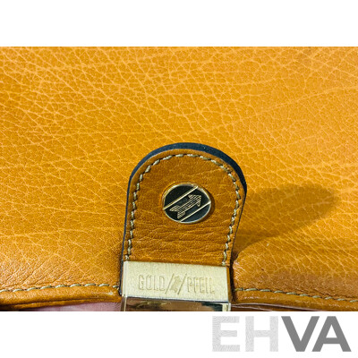 Vintage Gold Pfeil Caracciola Briefcase in Cognac Leather with Brass Hardware & Golden Arrow Logo Made in West Germany