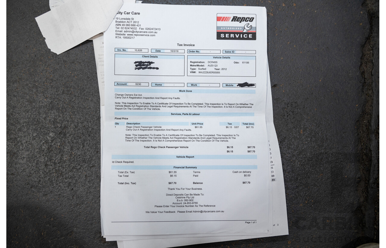 09/2012 Audi Q3 2.0 TFSI Quattro (AWD) 8U 4D Wagon Black Turbo 2.0L