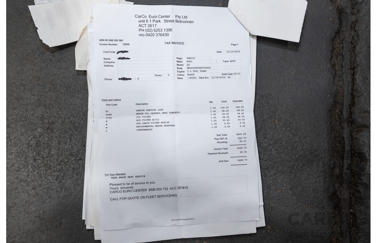 09/2012 Audi Q3 2.0 TFSI Quattro (AWD) 8U 4D Wagon Black Turbo 2.0L