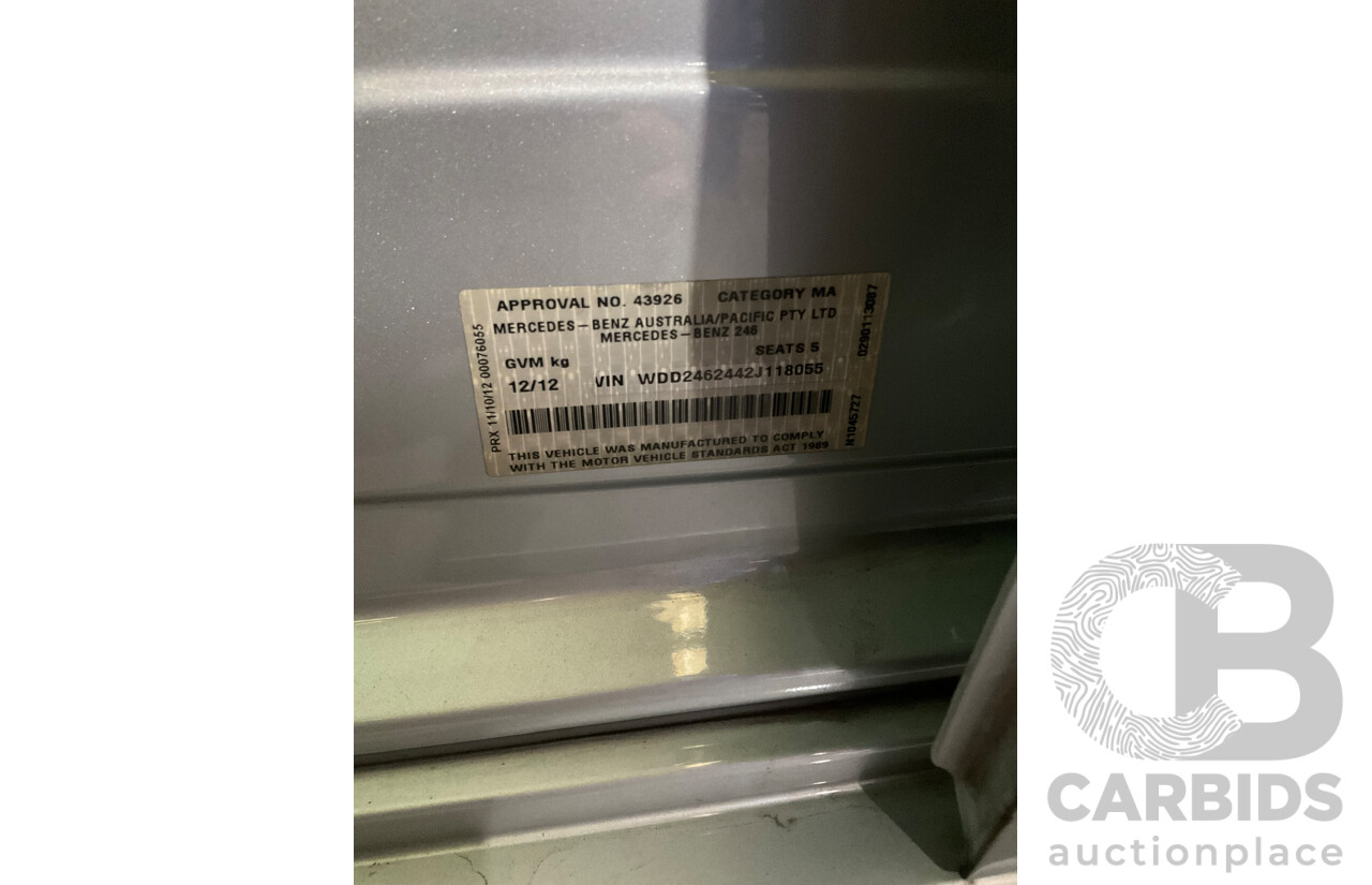 12/2012 Mercedes Benz B250 BE 246 MY13 5d Hatchback Polar Silver Metallic Turbo 2.0L