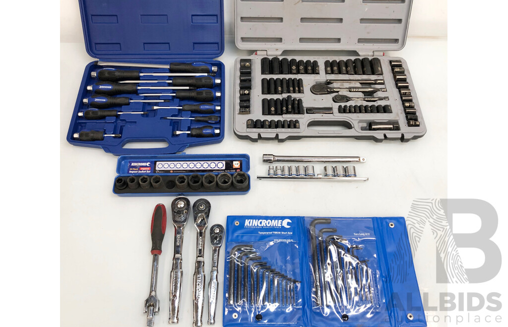Kinchrome 24 Piece Tamper Proof Torx Short Arm Allen Keys, 68 Piece Stanley Socket Set, 2x Kinchrome Socket Sets 4x Ratchets, 1x Extender and Kinchrome XL Screwdriver Set