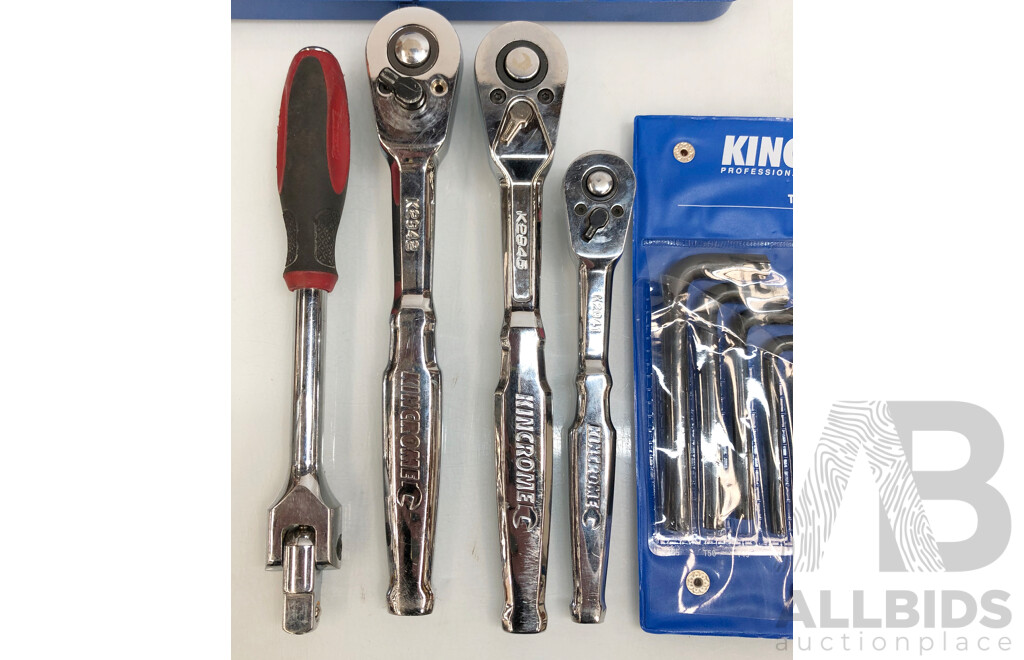 Kinchrome 24 Piece Tamper Proof Torx Short Arm Allen Keys, 68 Piece Stanley Socket Set, 2x Kinchrome Socket Sets 4x Ratchets, 1x Extender and Kinchrome XL Screwdriver Set