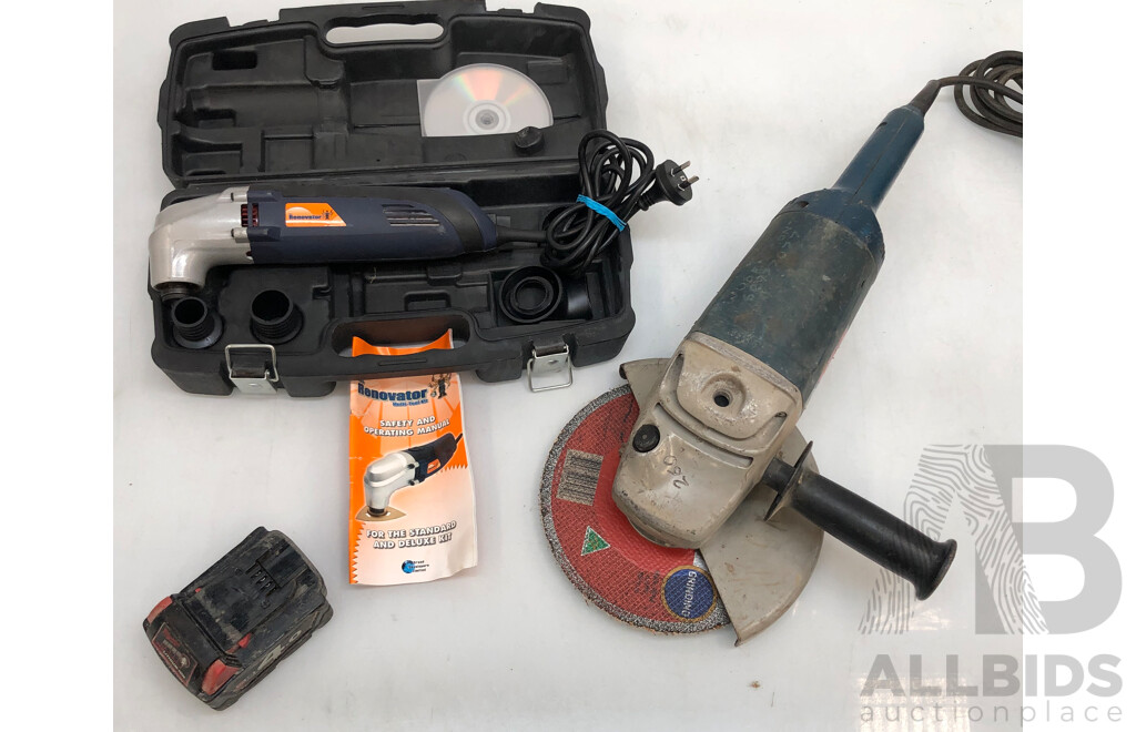 Bosch GWS 22-230 9 Inch Grinder, the Renovator Multi Tool Kit and Milwaukee M18 4.0Ah Battery