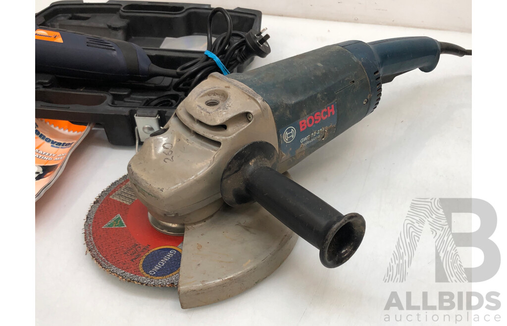Bosch GWS 22-230 9 Inch Grinder, the Renovator Multi Tool Kit and Milwaukee M18 4.0Ah Battery