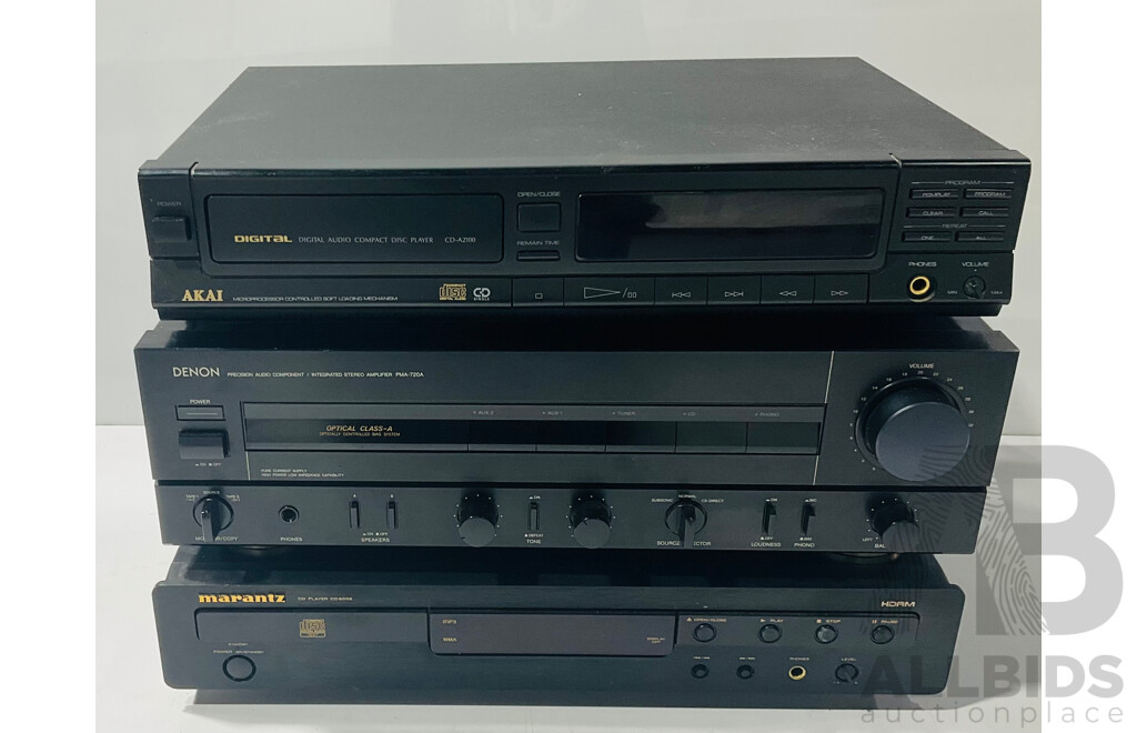 Akai Digital Audio Compact Disc Player CD-A2100, Alongside a Denon Precision Audio Component Integrated Stereo Amplifier PMA-720A and a Marantz CD Player CD6002