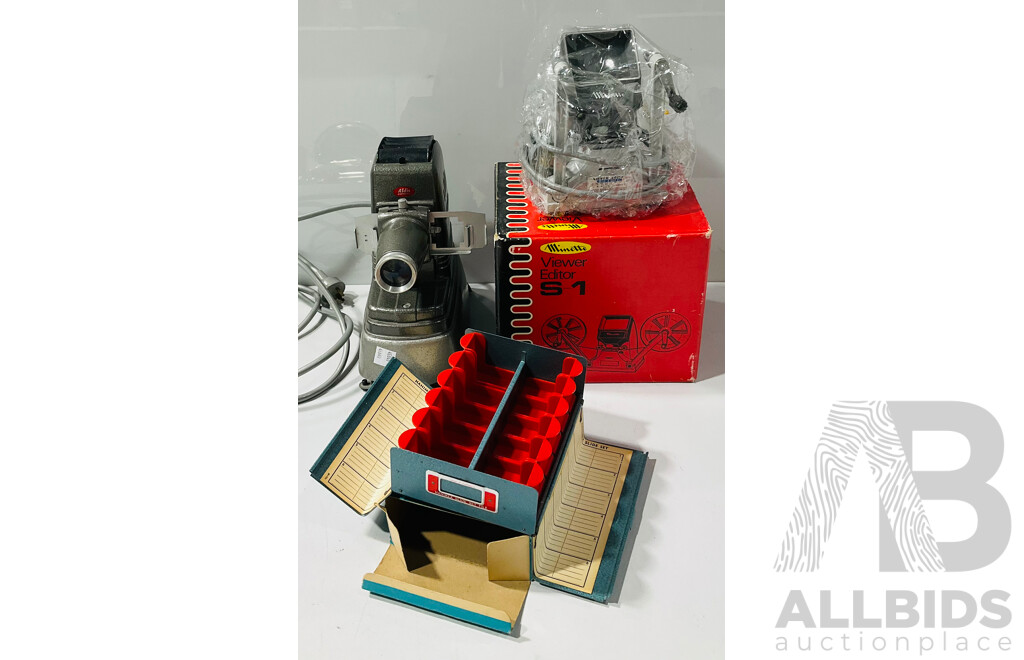 Vintage Aldis Aspheric Photo Slide Projector, Minette View Editor S-1 in Original Box Alongside Hanimex Slide Set File in Original Box