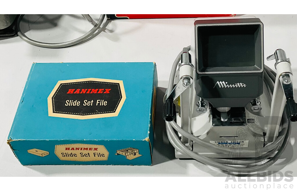 Vintage Aldis Aspheric Photo Slide Projector, Minette View Editor S-1 in Original Box Alongside Hanimex Slide Set File in Original Box