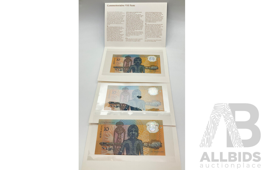 Three Australian 1988 Commemorative Ten Dollar Notes - AA Prefix