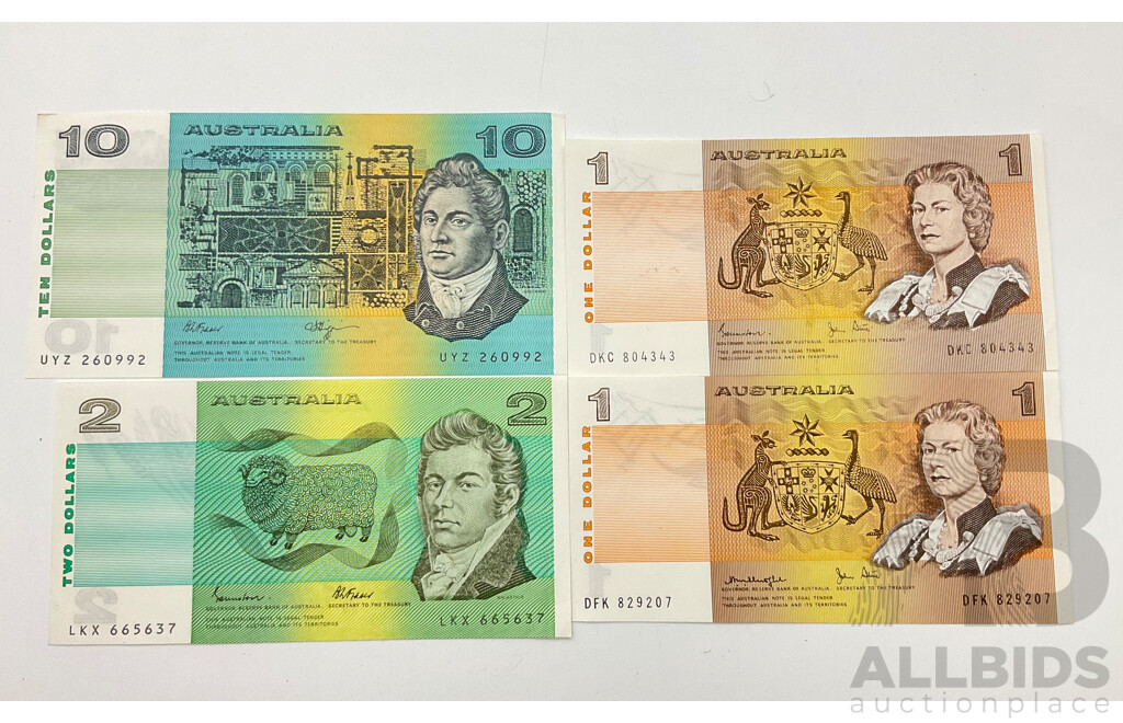 Australian One, Two and Ten Dollar Bank Notes Including Ten Dollar Fraser/Higgins UYZ, Two Dollar Johnston/Fraser LKX, One Dollar Knight/Stone DFK and Johnston/Stone DKC