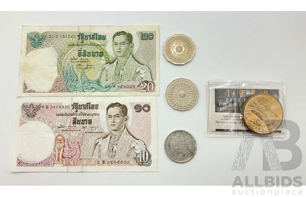 Australian 1988 Five Dollar Coin, Two 1977 Fifty Cent Silver Jubilee Coins, India, 1862 Silver One Rupee Coin and Thailand Ten and Twenty Baht Notes