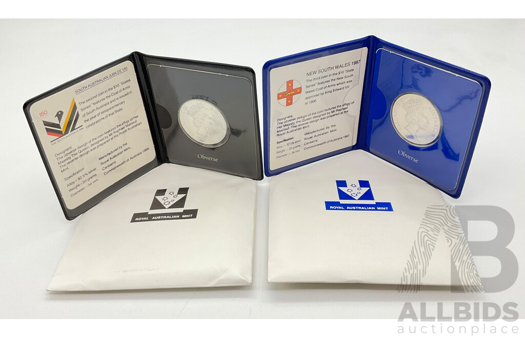 Australian RAM 1986 and 1987 Silver Ten Dollar Coins, State Series South Australia and New South Wales .925