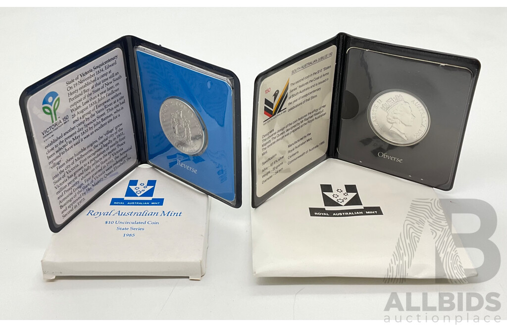 Australian RAM 1985 and 1986 Silver Ten Dollar Coins, State Series Victoria and South Australia .925
