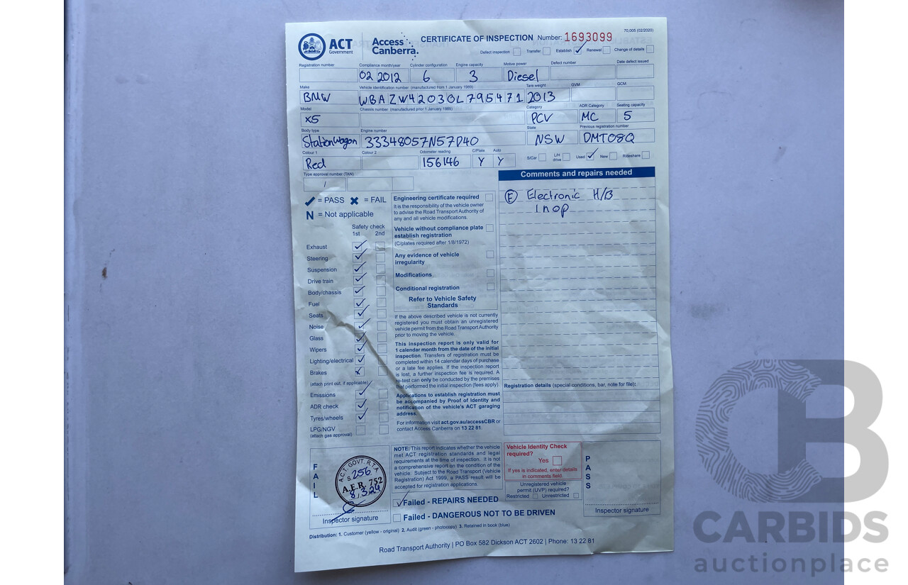 02/2012 Bmw X5 xDRIVE30d 4x4 E70 MY12 UPGRADE 4D Wagon Red 3.0L