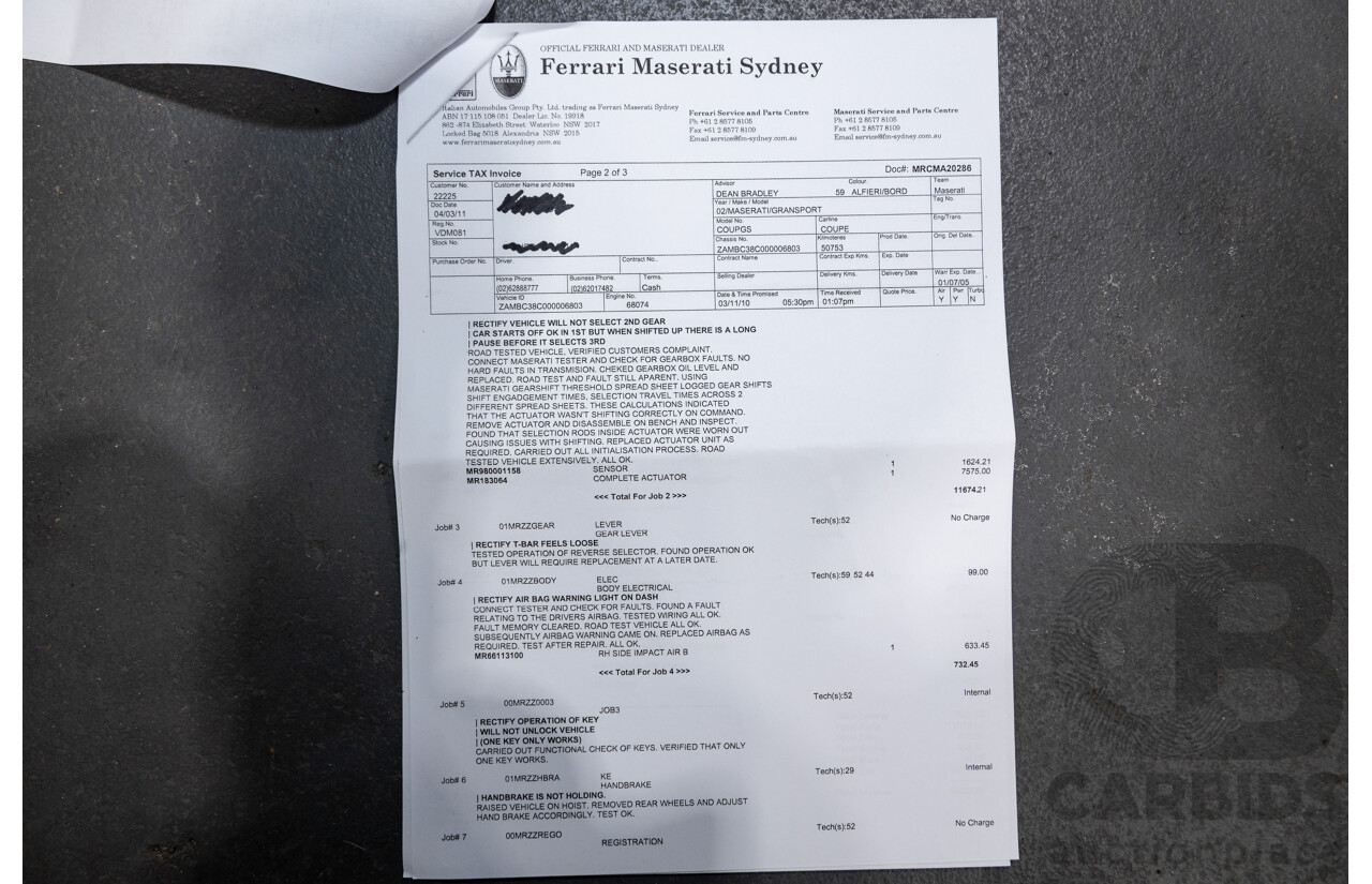 7/2002 Maserati Coupe Cambiocorsa 2d Coupe Grigio Alfieri Metallic Grey V8 4.2L - 09/2009 Import