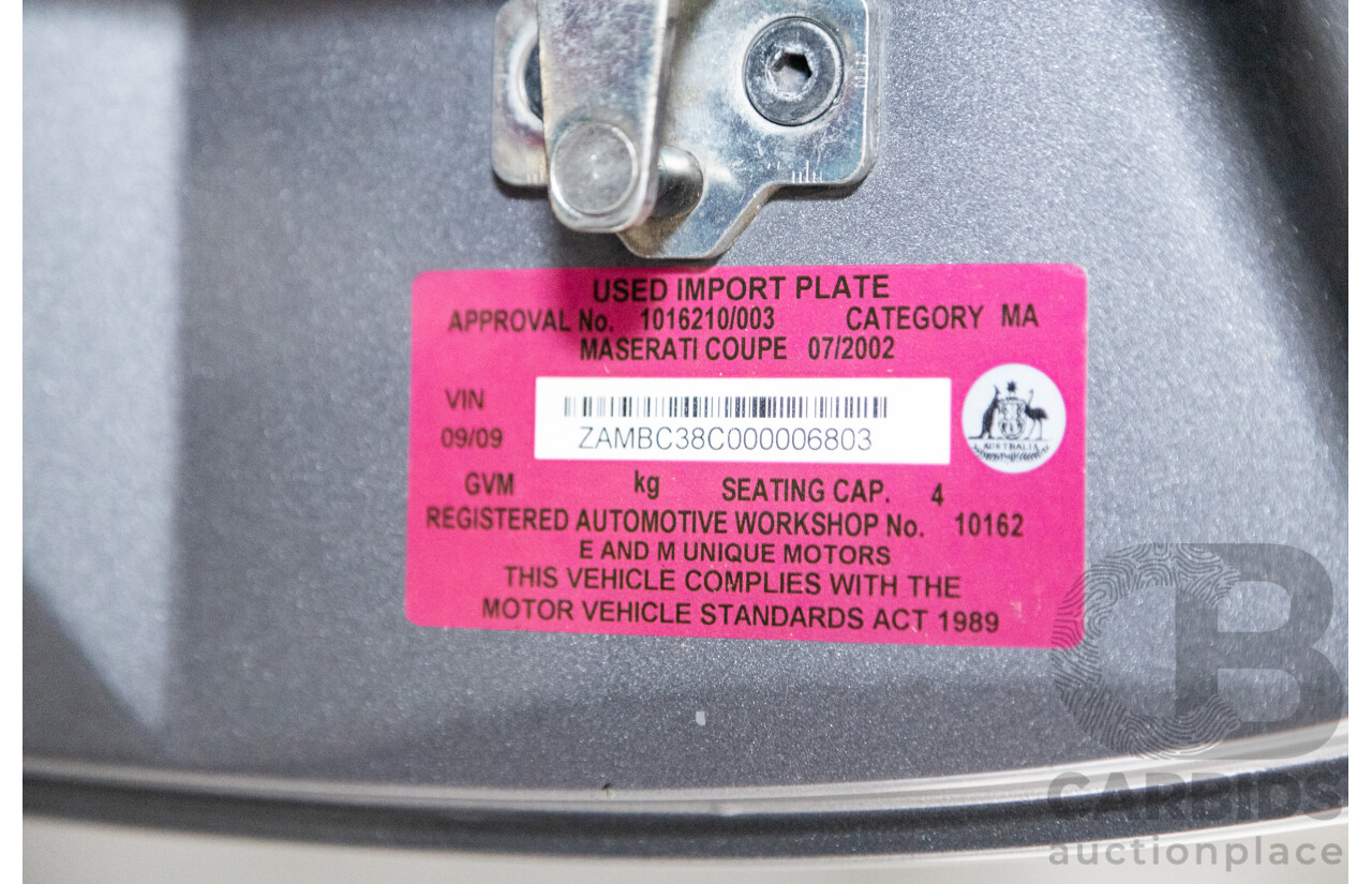 7/2002 Maserati Coupe Cambiocorsa 2d Coupe Grigio Alfieri Metallic Grey V8 4.2L - 09/2009 Import