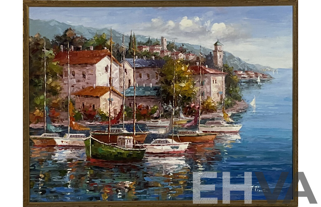 T. Preeton, European Harbour Scene, Acrylic on Canvas