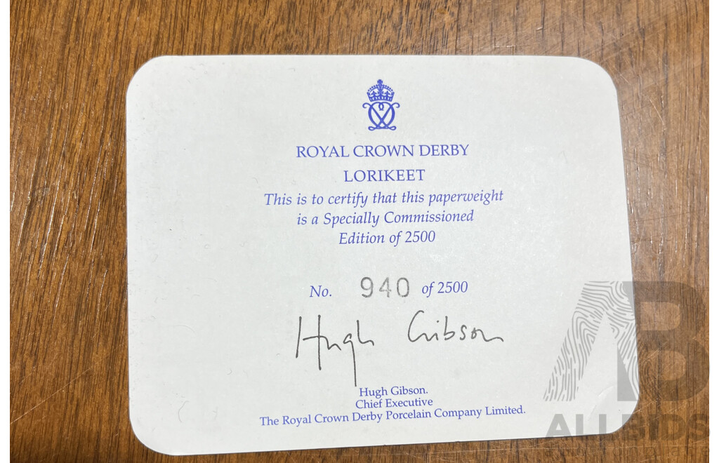 Royal Crown Derby Porcelain Limited Edition 940 of 2500 Signed by Artist, Lorikeet Paperweight in Original Box