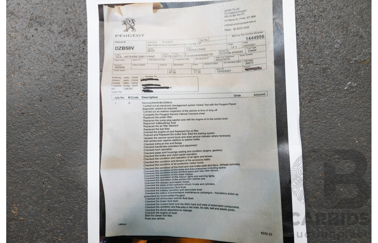 01/2019 Peugeot 308 Allure T9 MY19 4d Hatch Artense Grey Turbo 1.2L