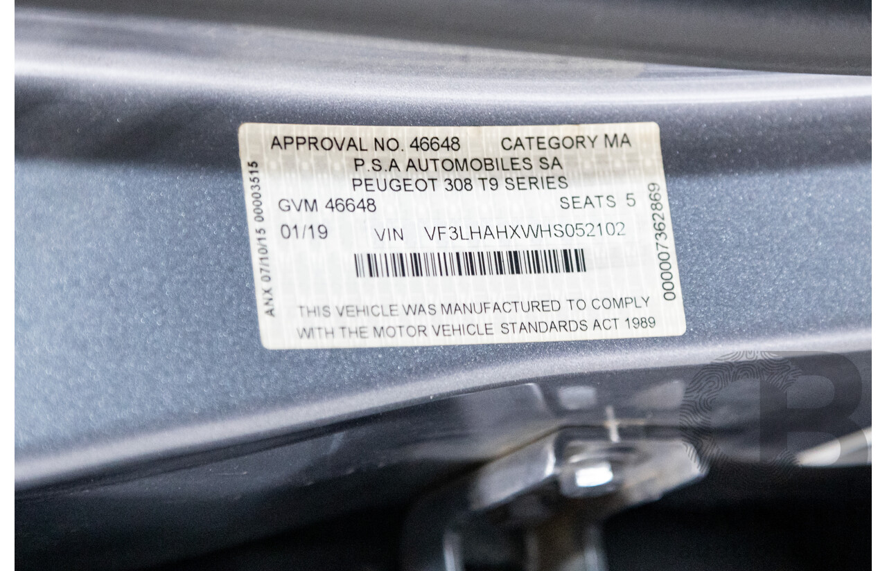 01/2019 Peugeot 308 Allure T9 MY19 4d Hatch Artense Grey Turbo 1.2L