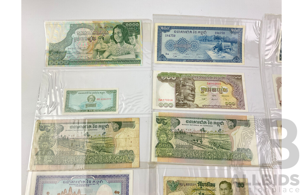 Collection of Paper Bank Notes From Cambodia and Thailand, Examples From 1950,s 60's, 70's, 80's