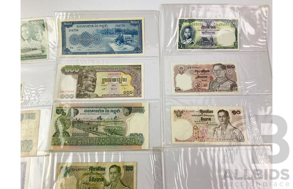 Collection of Paper Bank Notes From Cambodia and Thailand, Examples From 1950,s 60's, 70's, 80's