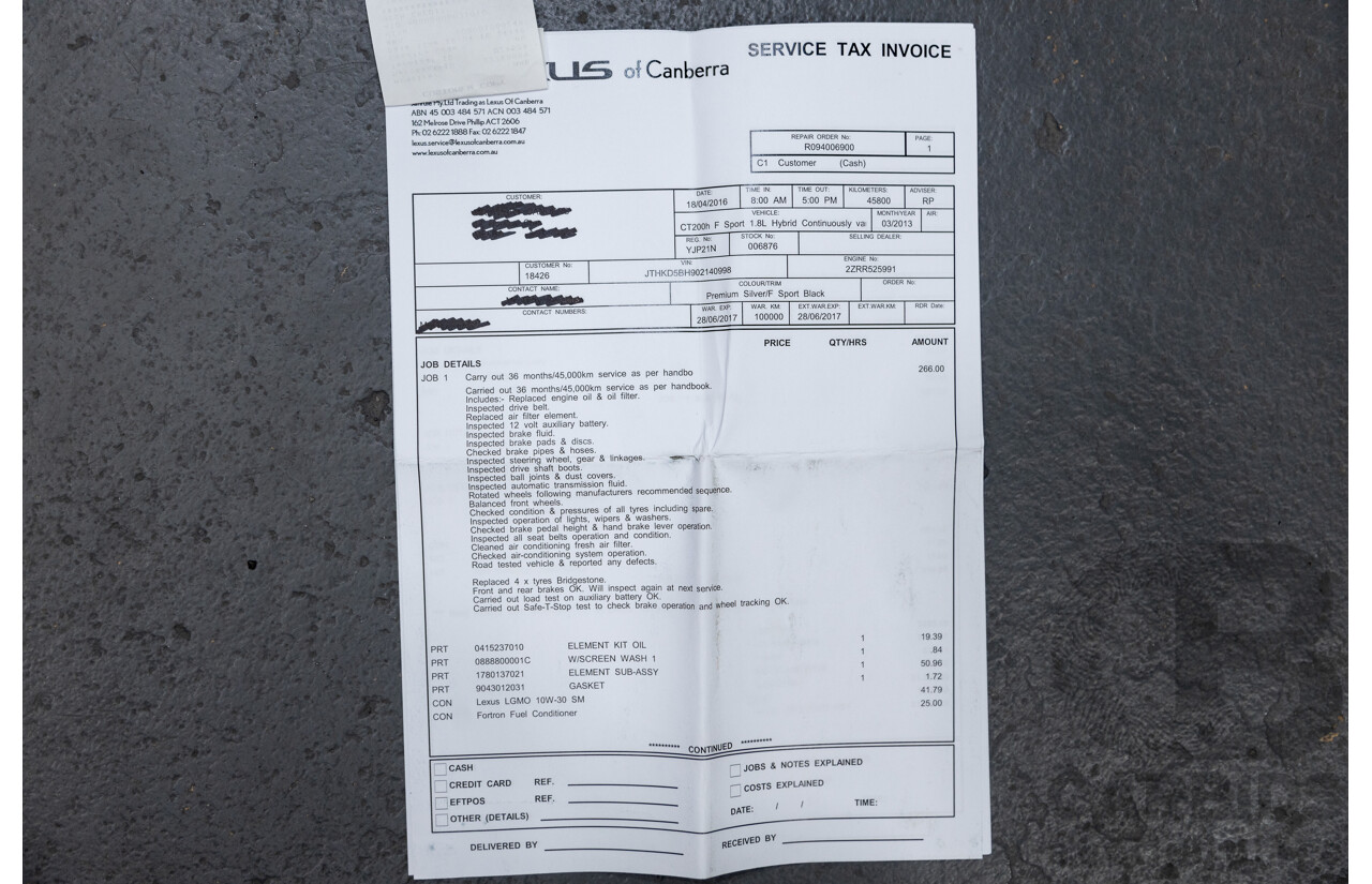 03/2013 Lexus CT 200H Hybrid F-Sport ZWA10R MY13 Upgrade 5D Hatchback Silver 1.8L - Hybrid