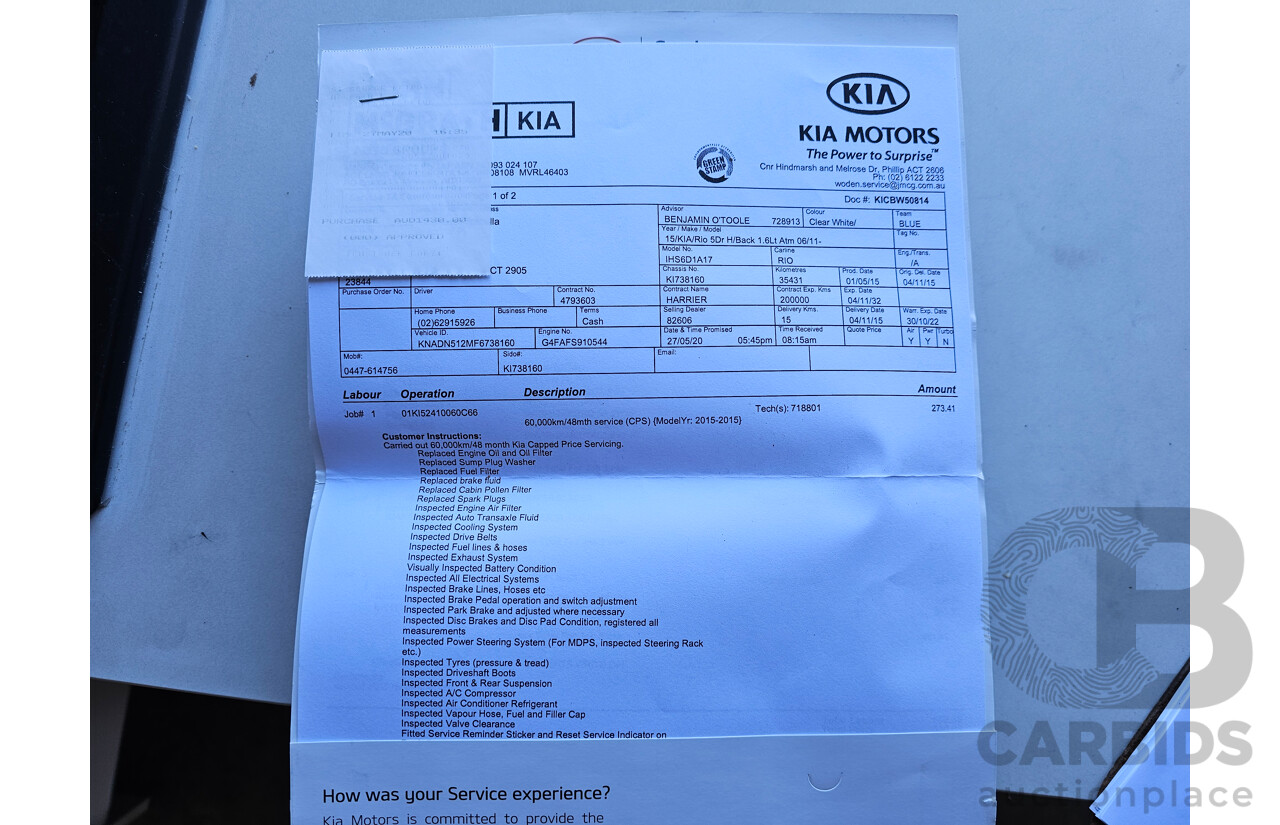 6/2015 Kia RIO S UB MY15 5d Hatchback White 1.4L