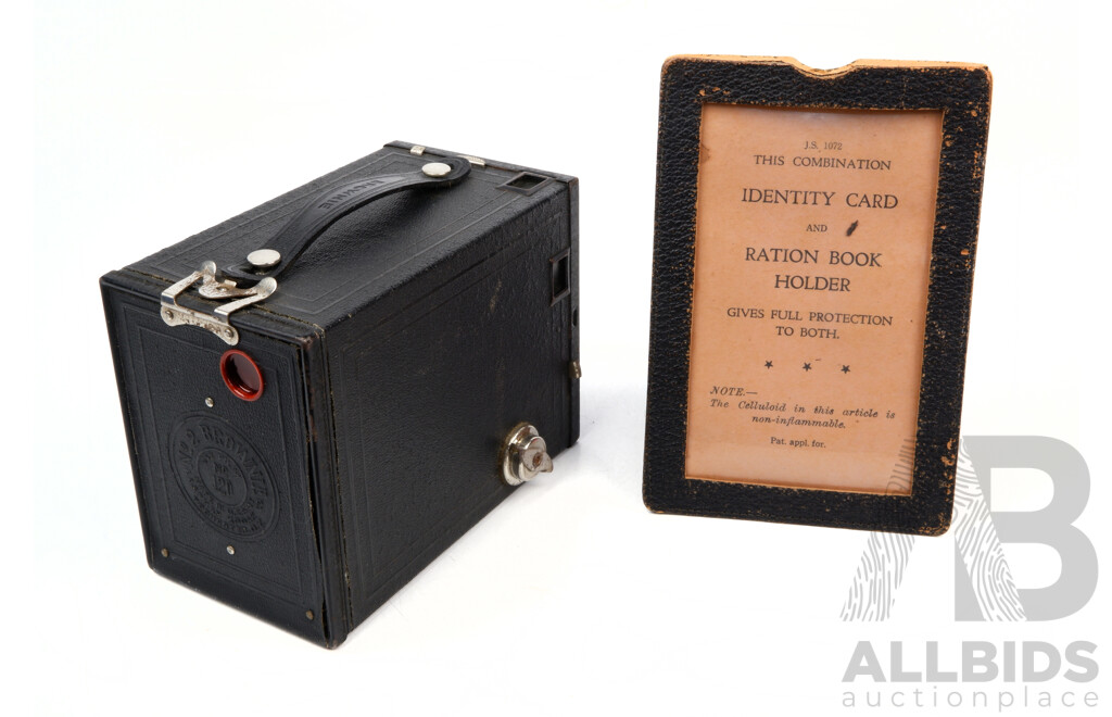 Vintage Kodak Number Two Brownie Camera with Potters Photo Store Geelong Badge and World War Two Identity Card and Ration Book Holder