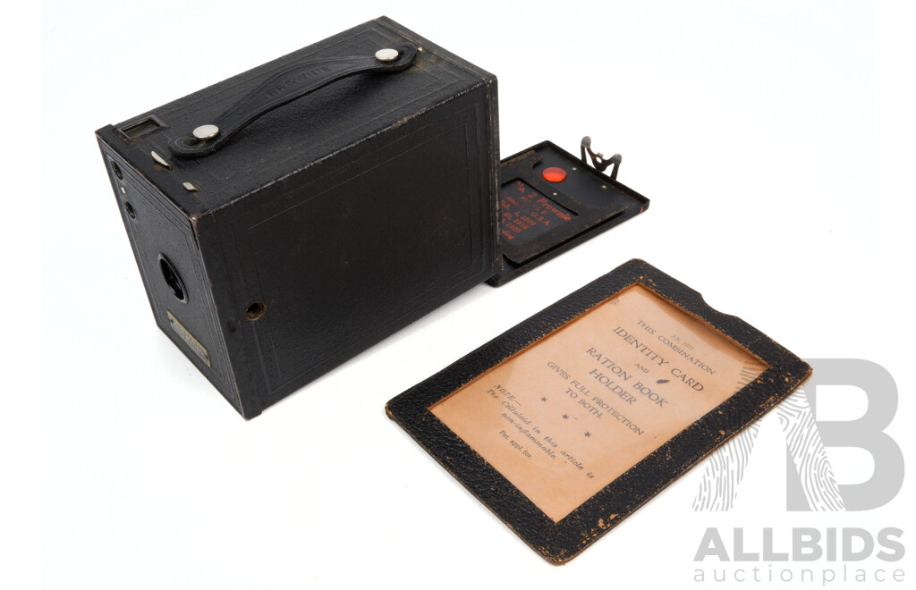 Vintage Kodak Number Two Brownie Camera with Potters Photo Store Geelong Badge and World War Two Identity Card and Ration Book Holder