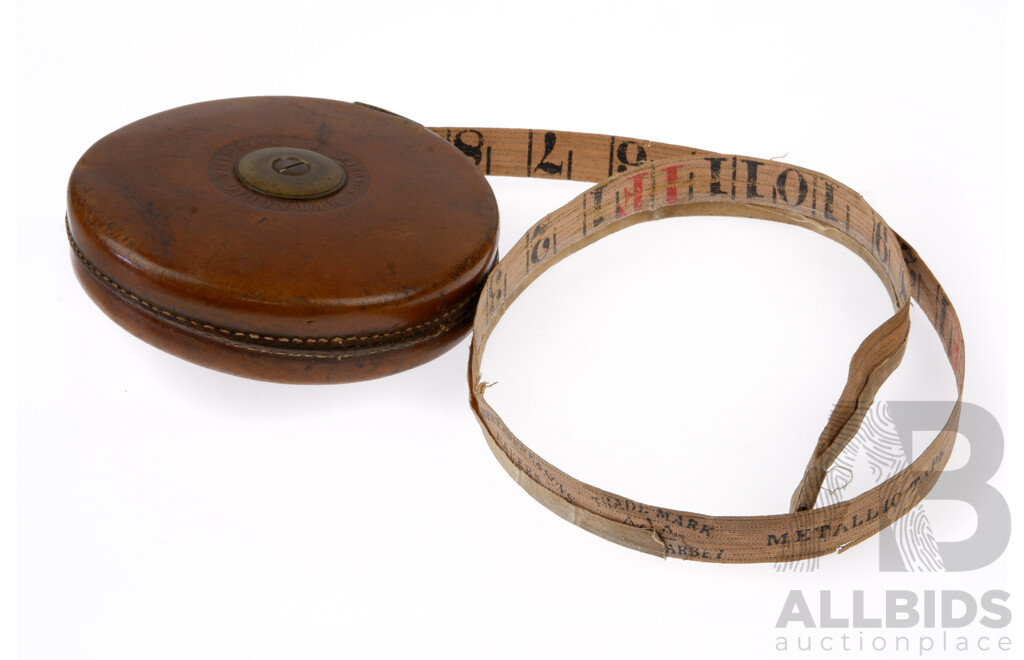 Antique English John Rabone & Sons Birmingham Leather, Brass and Canvas 66 Foot WInd Up Measuring Tape