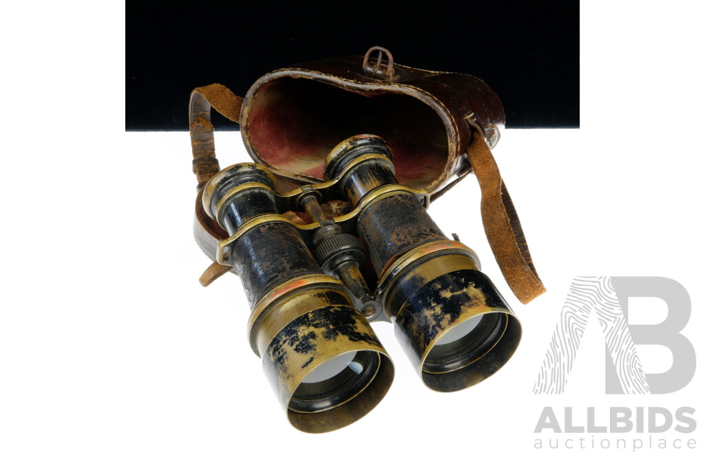 Antique English Heath Crayford & Co, London WW1 British Brass Field Glasses in Leather Case