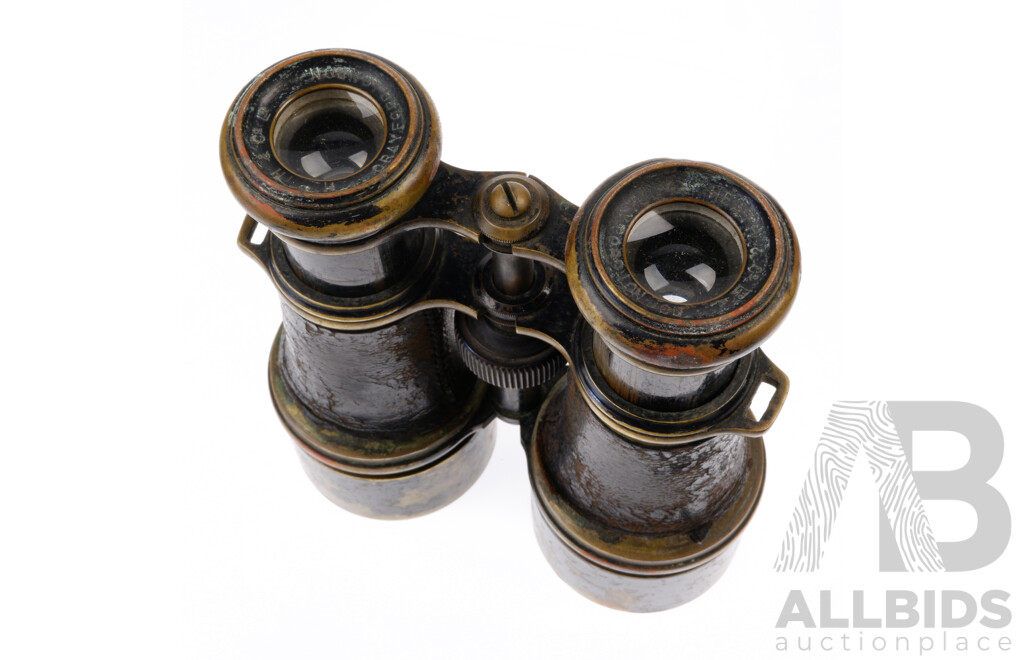 Antique English Heath Crayford & Co, London WW1 British Brass Field Glasses in Leather Case