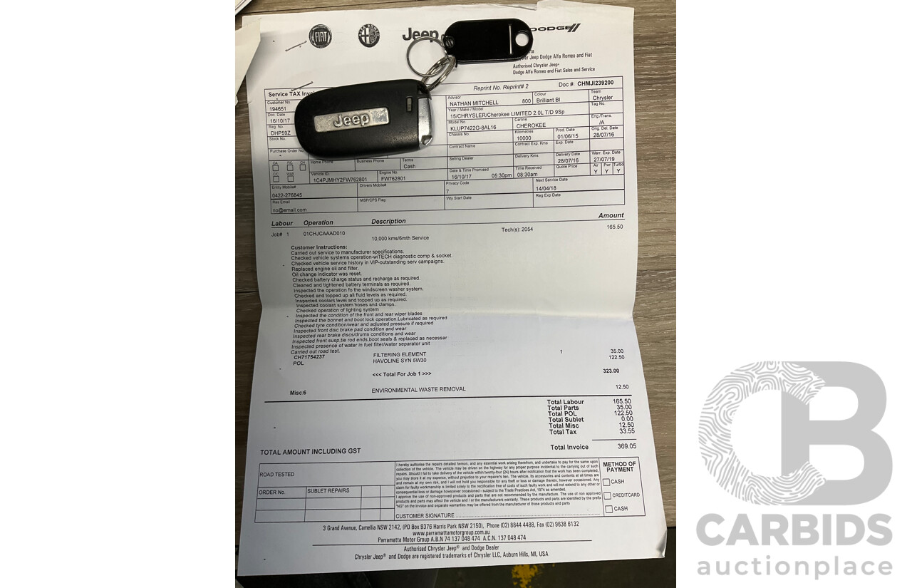 7/2016 Jeep Cherokee Limited (4x4) 4d Wagon Metallic Black Turbo Diesel 2.0L