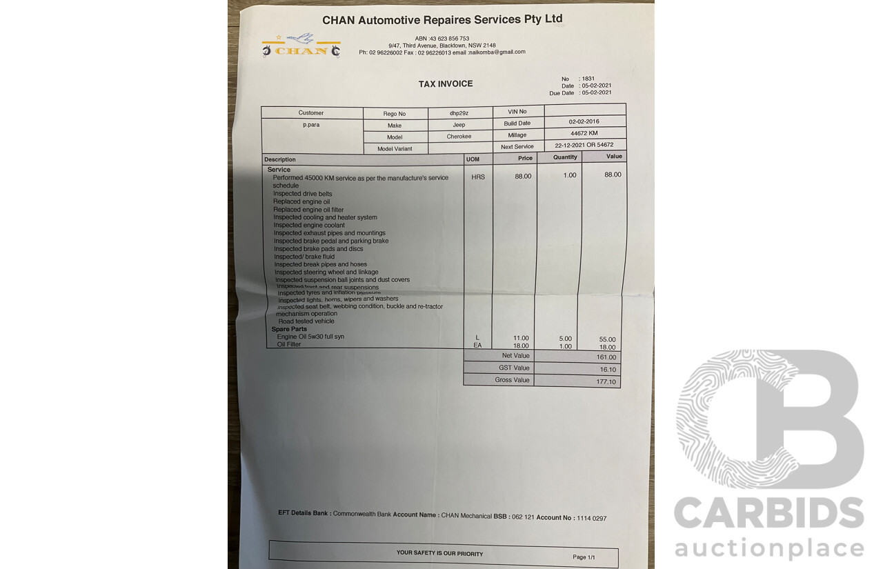 7/2016 Jeep Cherokee Limited (4x4) 4d Wagon Metallic Black Turbo Diesel 2.0L