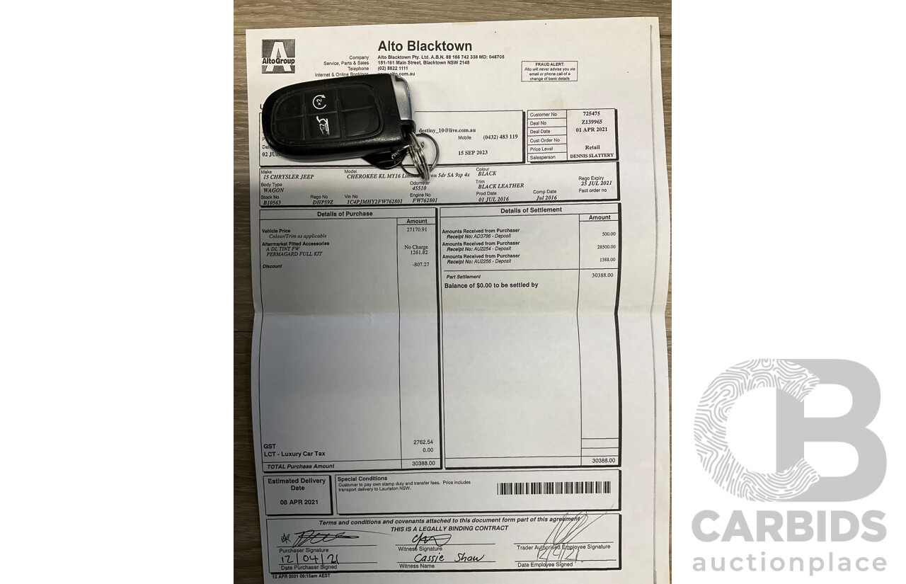 7/2016 Jeep Cherokee Limited (4x4) 4d Wagon Metallic Black Turbo Diesel 2.0L