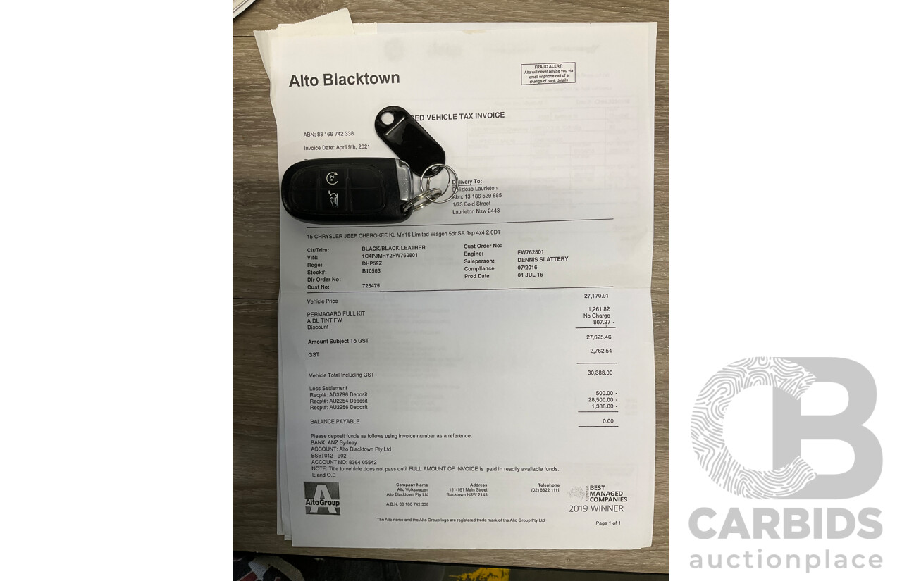 7/2016 Jeep Cherokee Limited (4x4) 4d Wagon Metallic Black Turbo Diesel 2.0L