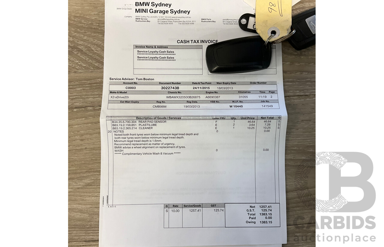 3/2013 BMW X3 Xdrive20i F25 (AWD) MY13 4d Wagon Metallic Silver Turbo 2.0L