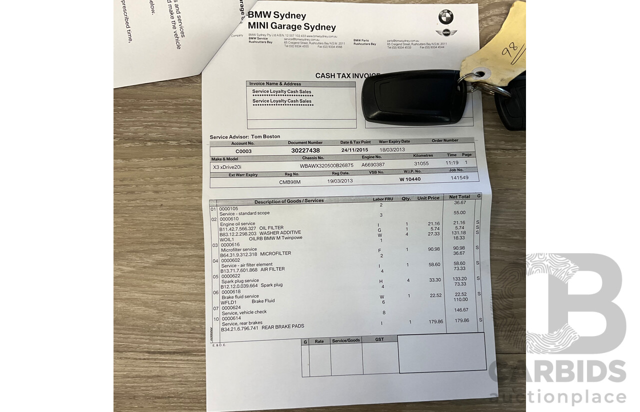 3/2013 BMW X3 Xdrive20i F25 (AWD) MY13 4d Wagon Metallic Silver Turbo 2.0L