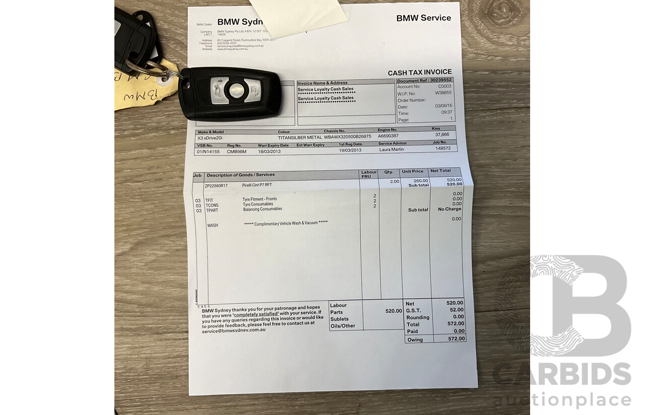 3/2013 BMW X3 Xdrive20i F25 (AWD) MY13 4d Wagon Metallic Silver Turbo 2.0L