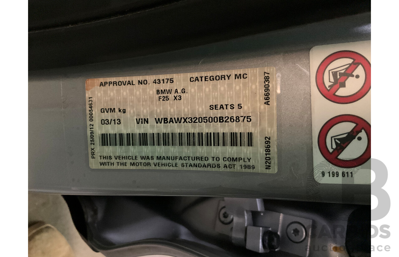 3/2013 BMW X3 Xdrive20i F25 (AWD) MY13 4d Wagon Metallic Silver Turbo 2.0L