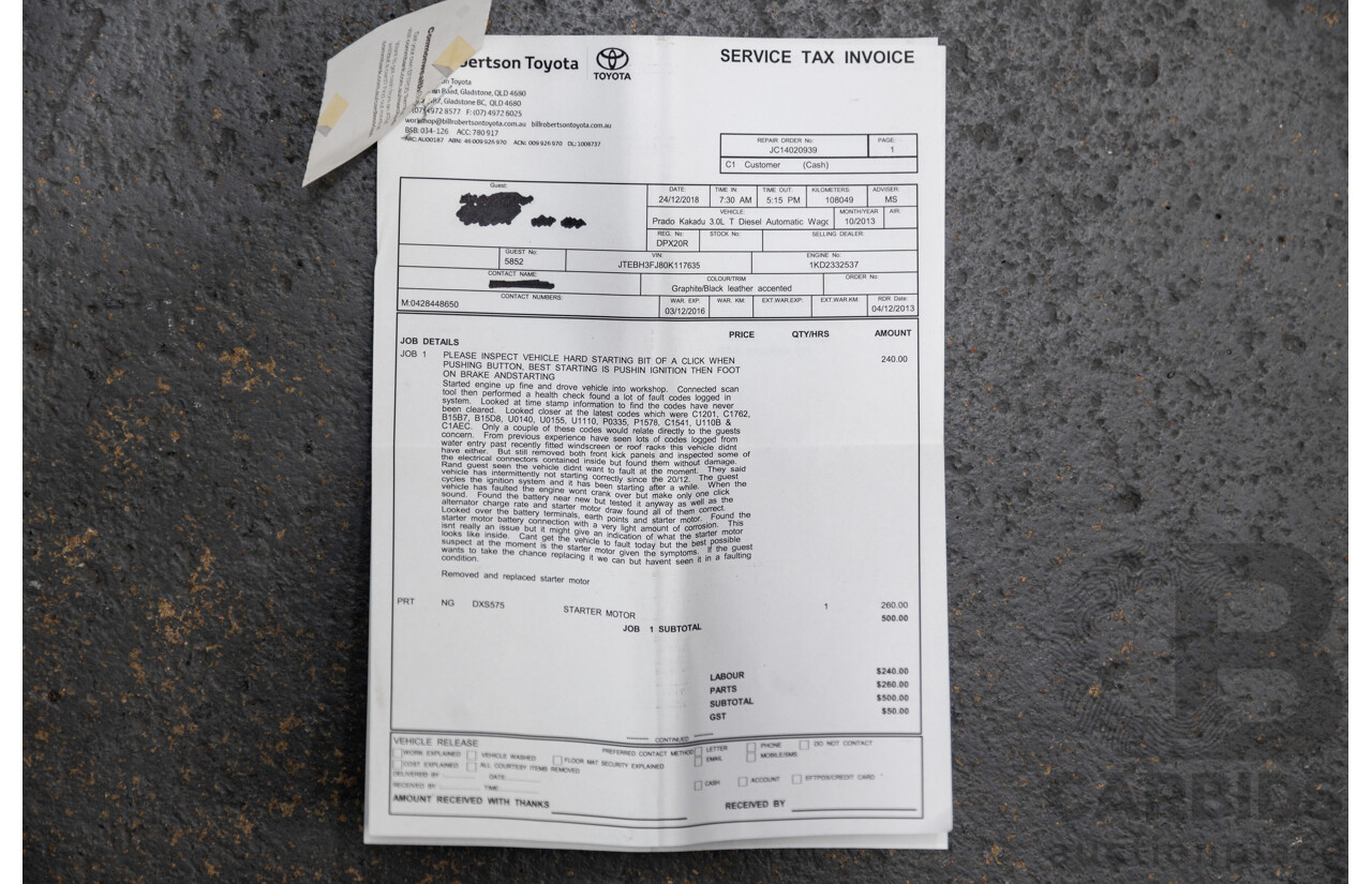 10/2013 Toyota Landcruiser Prado Kakadu (4x4) KDJ150R MY14 4D Wagon Grey Turbo Diesel 3.0L - 7 seater