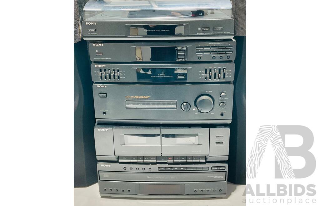 Sony Automatic Turntable System PS-LX52Y, LBT- A17 Remote Controlled Compact Hi-Fidelity Stereo System and 5 Disc Automatic Loading System Alongside Pair of Sony Speakers, and Two Pairs of Other Speakers