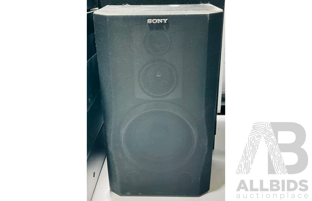 Sony Automatic Turntable System PS-LX52Y, LBT- A17 Remote Controlled Compact Hi-Fidelity Stereo System and 5 Disc Automatic Loading System Alongside Pair of Sony Speakers, and Two Pairs of Other Speakers