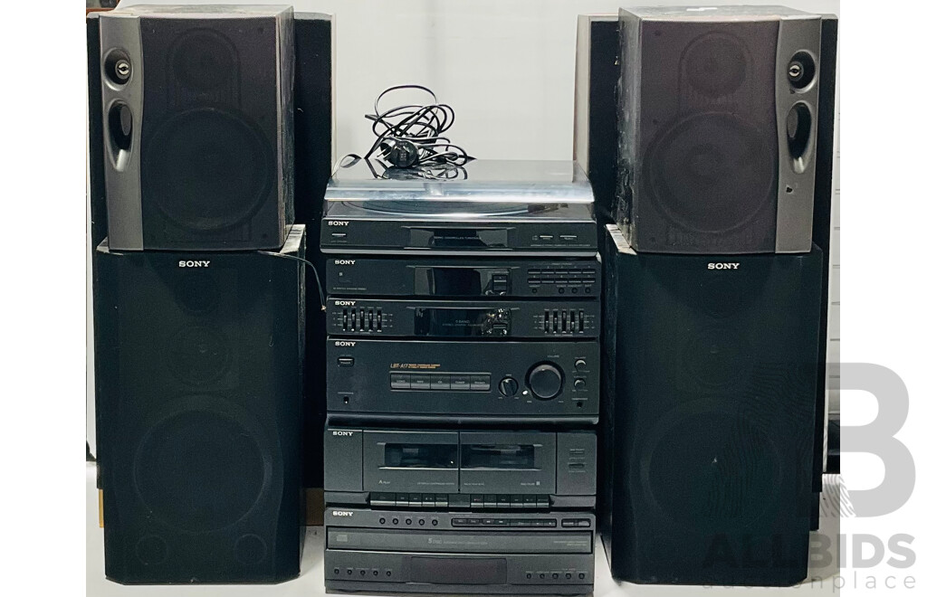 Sony Automatic Turntable System PS-LX52Y, LBT- A17 Remote Controlled Compact Hi-Fidelity Stereo System and 5 Disc Automatic Loading System Alongside Pair of Sony Speakers, and Two Pairs of Other Speakers