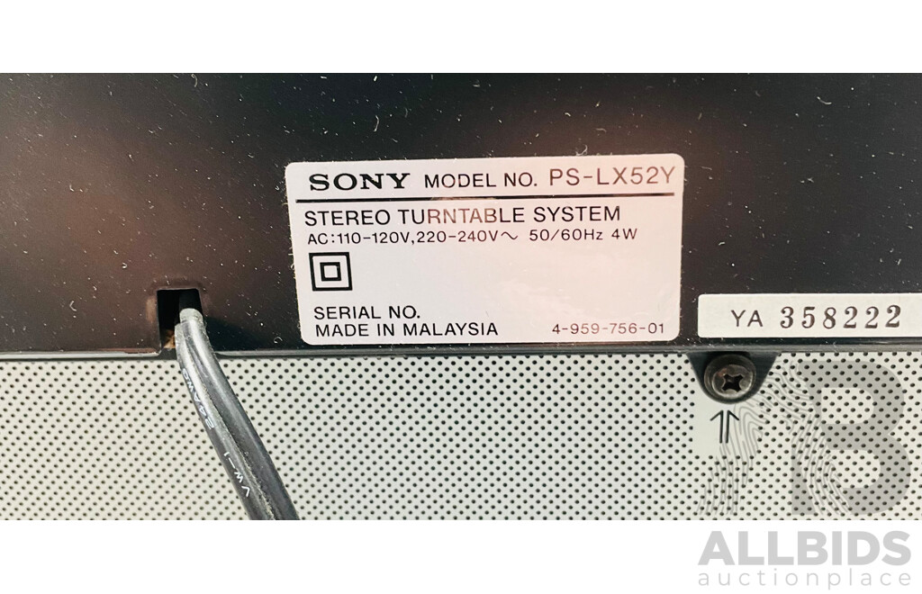 Sony Automatic Turntable System PS-LX52Y, LBT- A17 Remote Controlled Compact Hi-Fidelity Stereo System and 5 Disc Automatic Loading System Alongside Pair of Sony Speakers, and Two Pairs of Other Speakers
