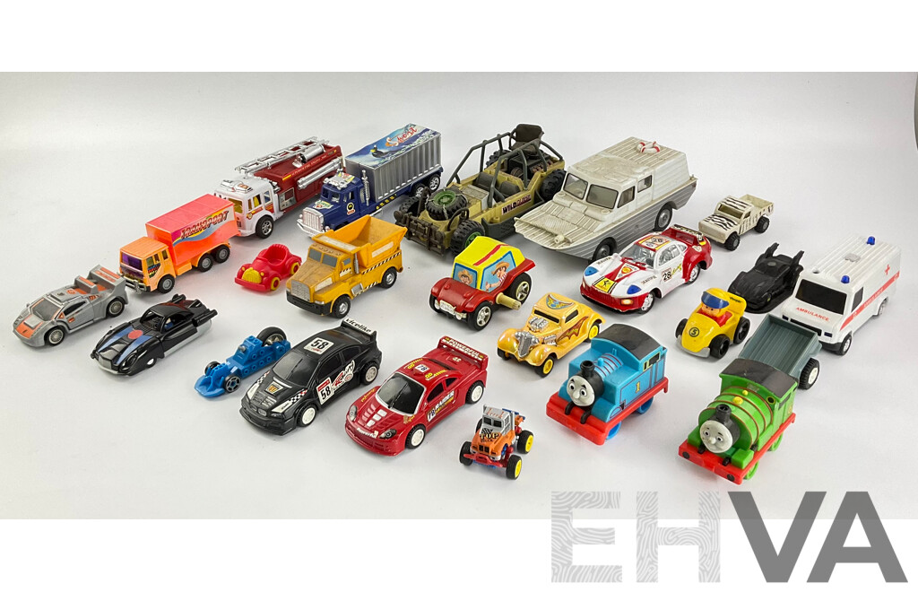 Assortment of Plastic Toy Vehicles Incuding Trucks, Trains and Race Cars