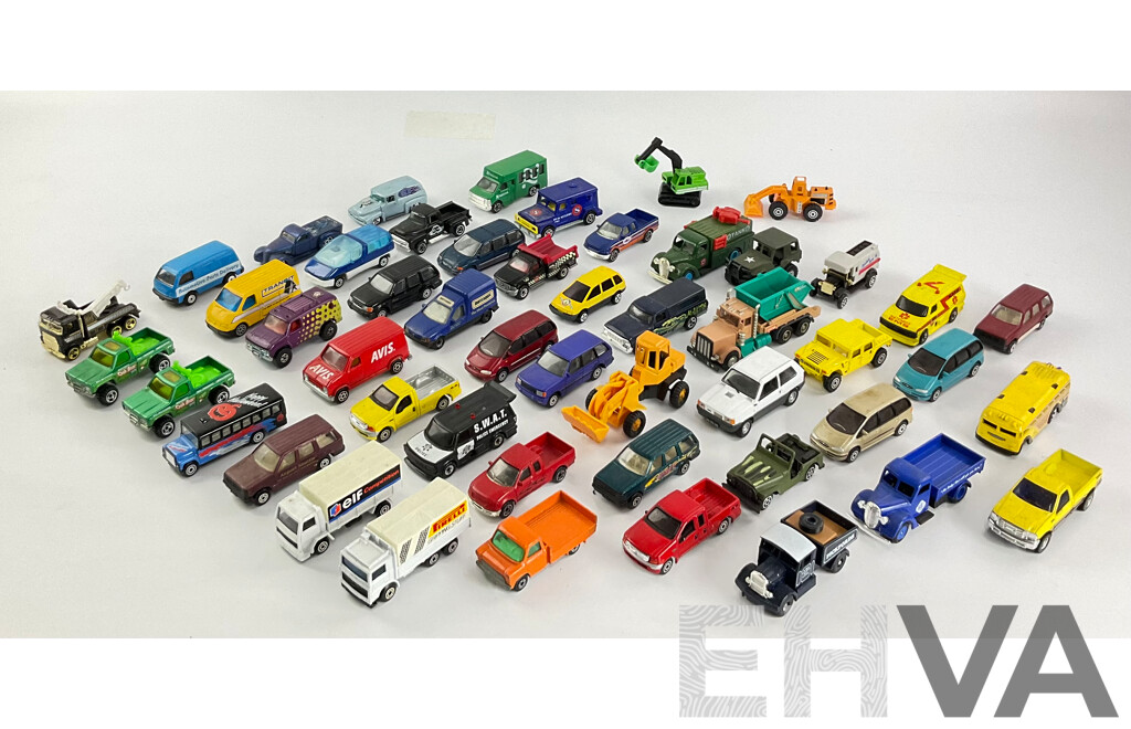 Collection of Diecast Vans, Utilities, Trucks, 4x4s and Tractors Including Matchbox and Hot Wheels