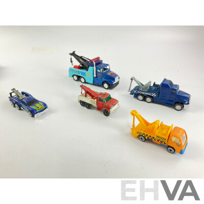 Assortment of Diecast Tow Trucks and Garbage Trucks Including Hot Wheels and Matchbox Battle Kings