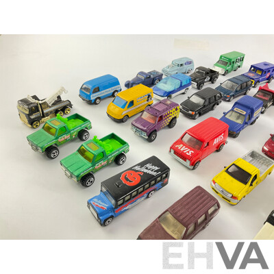 Collection of Diecast Vans, Utilities, Trucks, 4x4s and Tractors Including Matchbox and Hot Wheels